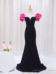 Black Mermaid Velvet Puff Sleeve Backless Prom Dress