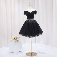 Black Off Shoulder Beaded Tulle Short Evening Prom Dress, Black Homecoming Dress Evening Dress
