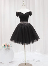 Black Off Shoulder Beaded Tulle Short Evening Prom Dress, Black Homecoming Dress Evening Dress