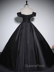 Black Off Shoulder Satin Long Evening Prom Dress, Black Satin Evening Dress