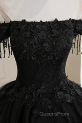 Black Off Shoulder Sweet 16 Formal Dress With Lace, Black Long Evening Prom Dress