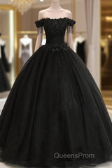 Black Off Shoulder Sweet 16 Formal Dress With Lace, Black Long Evening Prom Dress