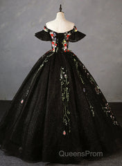 Black Off Shoulder Tulle Ball Gown Sweet 16 Dress, Black Floral Evening Prom Dress Party Dress