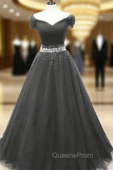 Black Off Shoulder Tulle Lace Beaded A-line Evening Prom Dress, Black Junior Party Dress