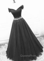 Black Off Shoulder Tulle Lace Beaded A-line Evening Prom Dress, Black Junior Party Dress