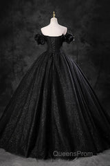 Black Off Shoulder Tulle Lace-Up Sweet 16 Dress, Black Long Party Dress Evening Prom Dress