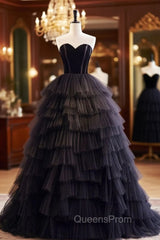 Black Off Shoulder Tulle Long Evening Prom Dress, Black Evening Dress