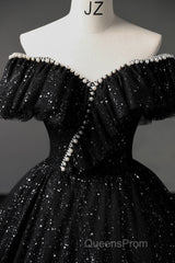 Black Off Shoulder Tulle Long Evening Prom Dress, Black Formal Evening Dress