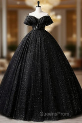 Black Off Shoulder Tulle Long Evening Prom Dress, Black Formal Evening Dress