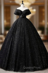 Black Off Shoulder Tulle Long Evening Prom Dress, Black Formal Evening Dress