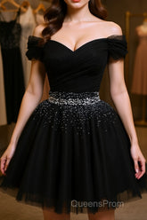 Black Off Shoulder Tulle Sequin Short Evening Prom Dress, Black Homecoming Dress