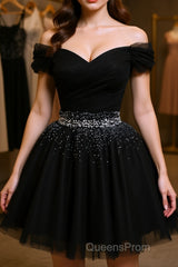 Black Off Shoulder Tulle Sequin Short Evening Prom Dress, Black Homecoming Dress