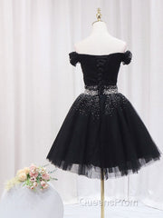 Black Off Shoulder Tulle Sequin Short Evening Prom Dress, Black Homecoming Dress