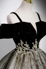 Black Off Shoulder Tulle With Lace Long Formal Dress, Black Sweet 16 Dress