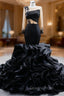 Black Organza Mermaid Long Sleeve Beading Evening Prom Dress