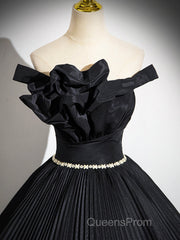 Black Pleated Long A-Line Party Gown With Rhinestone Sash, Elegant Off The Shoulder Formal Evening Dress