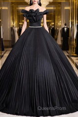 Black Pleated Long A-Line Party Gown With Rhinestone Sash, Elegant Off The Shoulder Formal Evening Dress