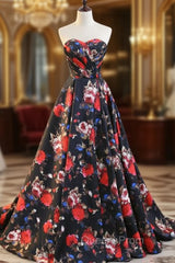 Black Print Satin Sweethearth Evening Prom Dress With Split