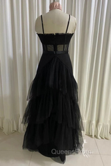 Black Evening Prom Dress, Elegant A-line Layered Tulle Evening Prom Dress,Sheer Corset Long Evening Dress