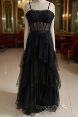 Black Evening Prom Dress, Elegant A-line Layered Tulle Evening Prom Dress,Sheer Corset Long Evening Dress
