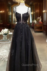 Black Evening Prom Dress, A-line Square Neckline Spaghetti Straps Long/Floor-Length Tulle Evening Prom Dress With Glitter Beading Appliqued