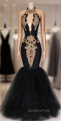 Black Evening Prom Dress Mermaid Halter Tulle Appliques Dubai Saudi Arabic Long Robe De Soiree Evening Prom Gown Evening Dress