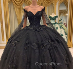 Black Quinceanera Dress with Flowers,Long Sweet 16 Dress