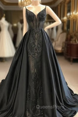 Black Robe De Soiree A-Line Spaghetti Straps Appliques Long Evening Prom Dress Evening Prom Gown Evening Dress