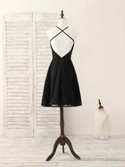 Black Round Neck Lace Beads Short Prom Dress, Black Homecoming Dress