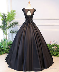 Black Round Neck Lace Long Prom Dress, Black Evening Dress