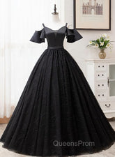 Black Satin and Tulle Ball Gown Off Shoulder Evening Dress Party Gown, Black Long Evening Dress