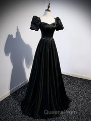 Black Satin Beaded Floor Length Evening Prom Dress, Black A-Line Short Sleeve Evening Dress
