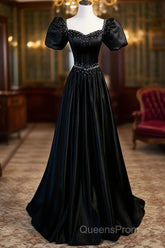 Black Satin Beaded Floor Length Evening Prom Dress, Black A-Line Short Sleeve Evening Dress
