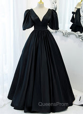 Black Satin Deep V-neckline Long Evening Dress, Black Evening Dress Evening Prom Dress