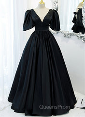Black Satin Deep V-neckline Long Evening Dress, Black Evening Dress Evening Prom Dress