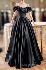 Black Satin Floor Length A-Line Evening Prom Dress, Off The Shoulder Evening Party Dress