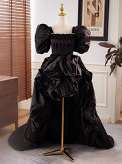 Black Satin Square Puff Sleeve Prom Dress