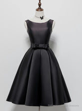 Black Satin Knee Length Round Neckline Party Dress, Black Short Prom Dress