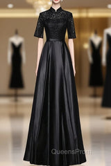 Black Satin Lace Short Sleeve Evening Prom Dress