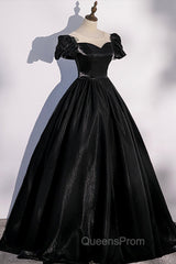 Black Satin Long Evening Prom Dress, Black A-Line Short Sleeve Evening Dress