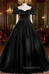 Black Satin Long Evening Prom Dress, Black A-Line Short Sleeve Evening Dress