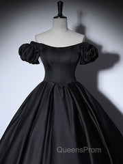 Black Satin Long Evening Prom Dress, Black Long Evening Sweet 16 Dress