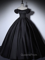 Black Satin Long Evening Prom Dress, Black Long Evening Sweet 16 Dress