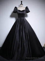 Black Satin Puff Sleeve Square Neck Prom Dress