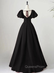 Black Satin Puffy Sleeves Long Evening Party Dress, Black Long Evening Prom Dress