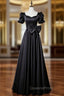 Black Satin Short Sleeve Bow Evening Prom Dress
