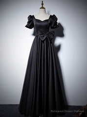 Black Satin Short Sleeve Bow Prom Dress