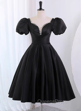 Black Satin Short Sleeves Knee Length Party Dress, Black Homecoming Dress