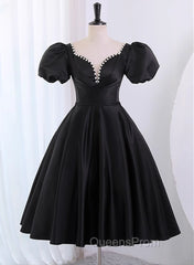 Black Satin Short Sleeves Knee Length Party Dress, Black Homecoming Dress