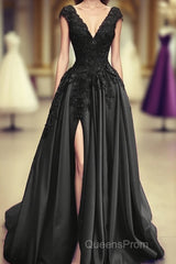 Black Satin Slit Dress With Lace Embroidery Evening Prom Dress